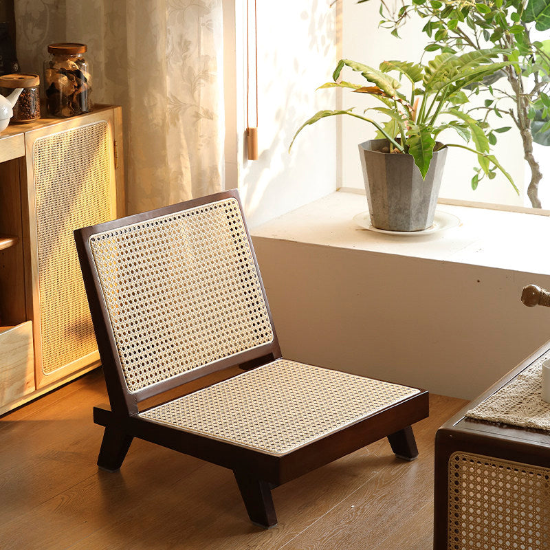 Traditional Rustic Rectangular Rubberwood Stool with Faux Rattan Weaving, Lightweight and Ergonomic Backrest—Low Seating for Living Room