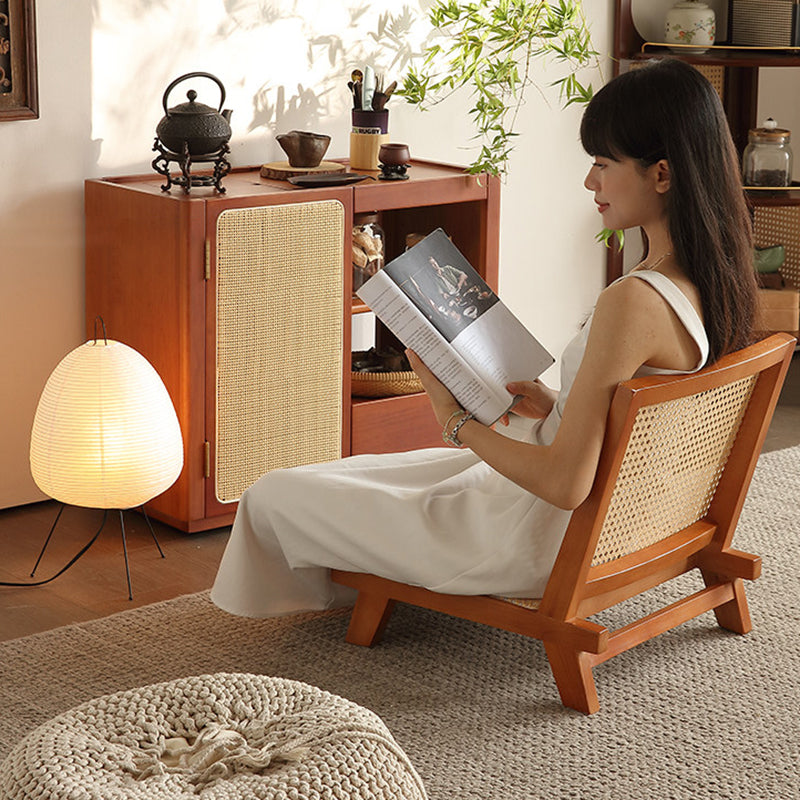 Traditional Rustic Rectangular Rubberwood Stool with Faux Rattan Weaving, Lightweight and Ergonomic Backrest—Low Seating for Living Room
