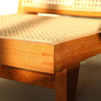 Traditional Rustic Rectangular Rubberwood Stool with Faux Rattan Weaving, Lightweight and Ergonomic Backrest—Low Seating for Living Room