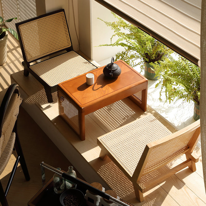 Traditional Rustic Rectangular Rubberwood Stool with Faux Rattan Weaving, Lightweight and Ergonomic Backrest—Low Seating for Living Room