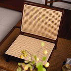 Traditional Rustic Rectangular Rubberwood Stool with Faux Rattan Weaving, Lightweight and Ergonomic Backrest—Low Seating for Living Room