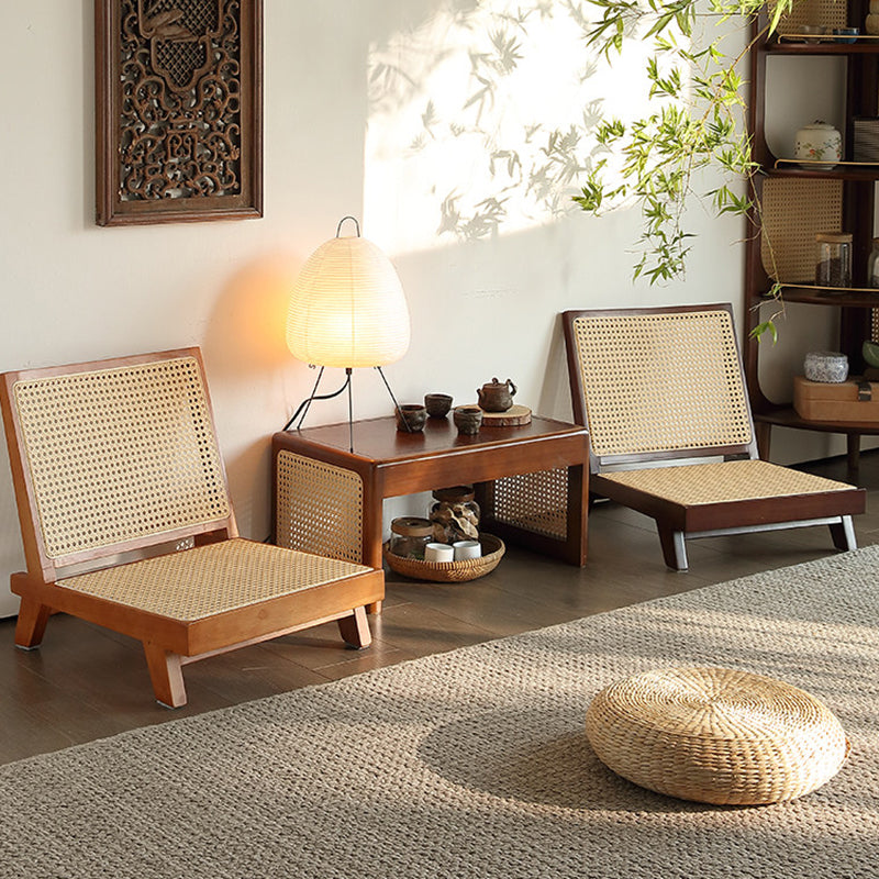 Traditional Rustic Rectangular Rubberwood Stool with Faux Rattan Weaving, Lightweight and Ergonomic Backrest—Low Seating for Living Room