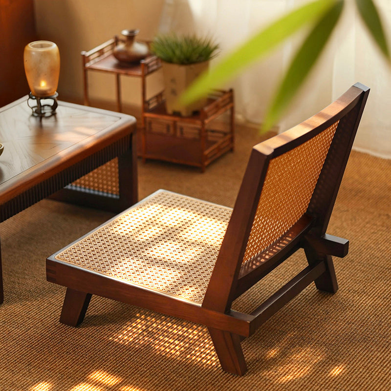 Traditional Rustic Rectangular Rubberwood Stool with Faux Rattan Weaving, Lightweight and Ergonomic Backrest—Low Seating for Living Room