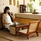 Traditional Rustic Rectangular Rubberwood Stool with Faux Rattan Weaving, Lightweight and Ergonomic Backrest—Low Seating for Living Room