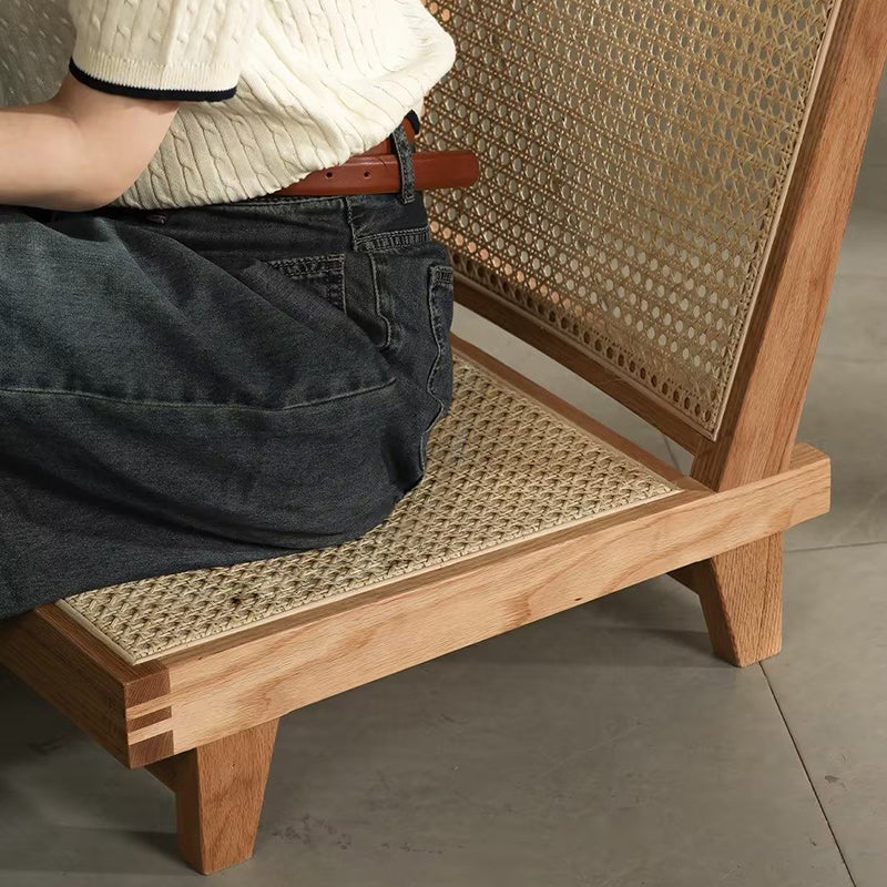 Traditional Rustic Rectangular Rubberwood Stool with Faux Rattan Weaving, Lightweight and Ergonomic Backrest—Low Seating for Living Room