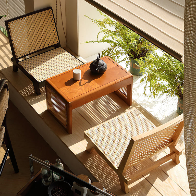Traditional Rustic Rectangular Rubberwood Stool with Faux Rattan Weaving, Lightweight and Ergonomic Backrest—Low Seating for Living Room