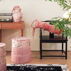 Traditional Chinese Cylindrical Printed Velvet PU Leather Vanity Stool - Solid Wood, Backless & Armless, for Bedroom