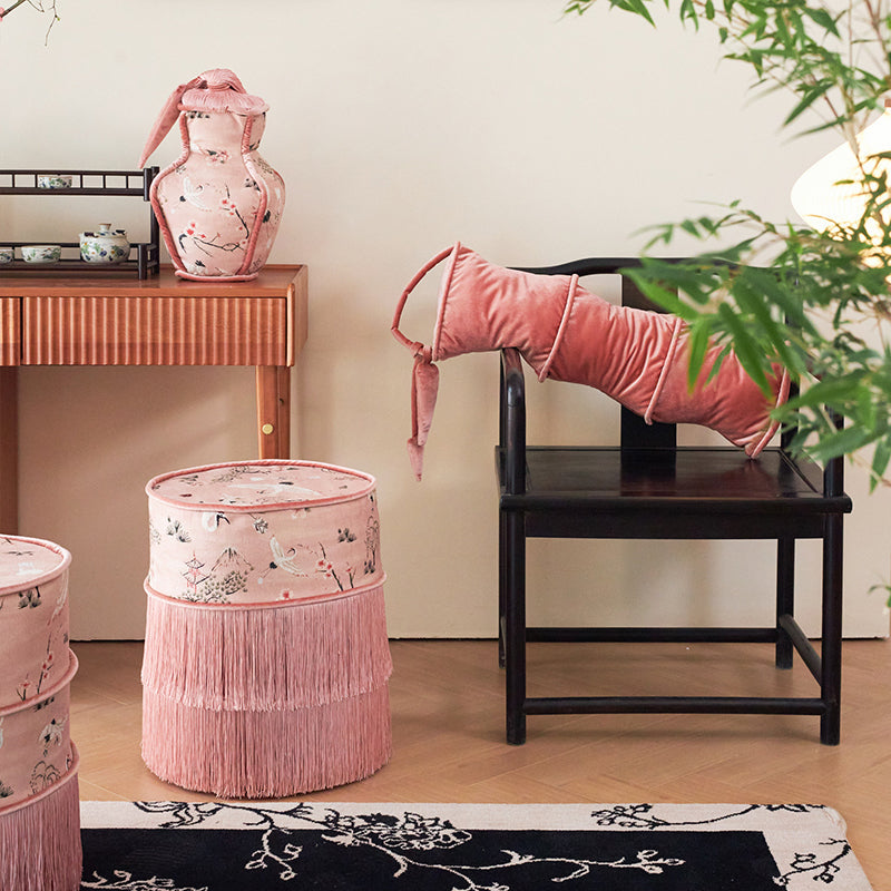 Traditional Chinese Cylindrical Printed Velvet PU Leather Vanity Stool - Solid Wood, Backless & Armless, for Bedroom