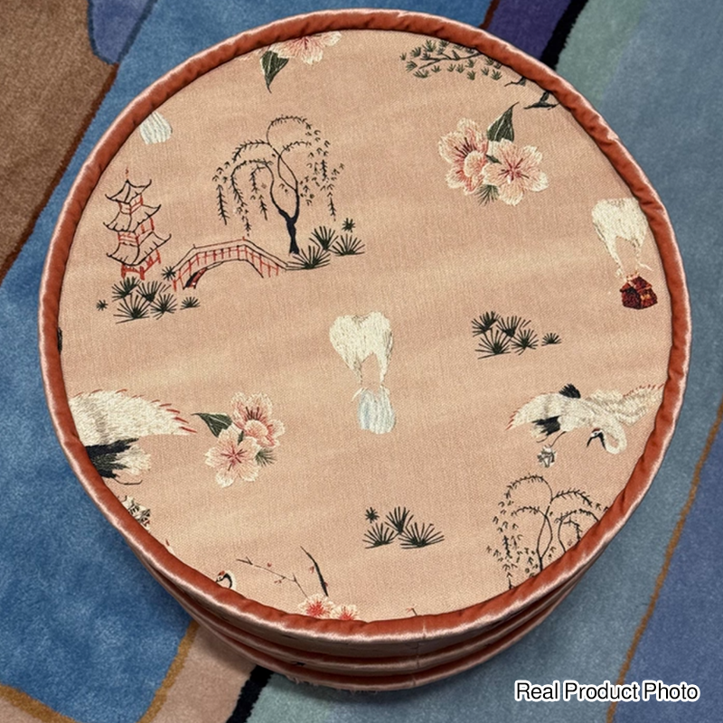 Traditional Chinese Cylindrical Printed Velvet PU Leather Vanity Stool - Solid Wood, Backless & Armless, for Bedroom
