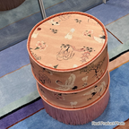 Traditional Chinese Cylindrical Printed Velvet PU Leather Vanity Stool - Solid Wood, Backless & Armless, for Bedroom