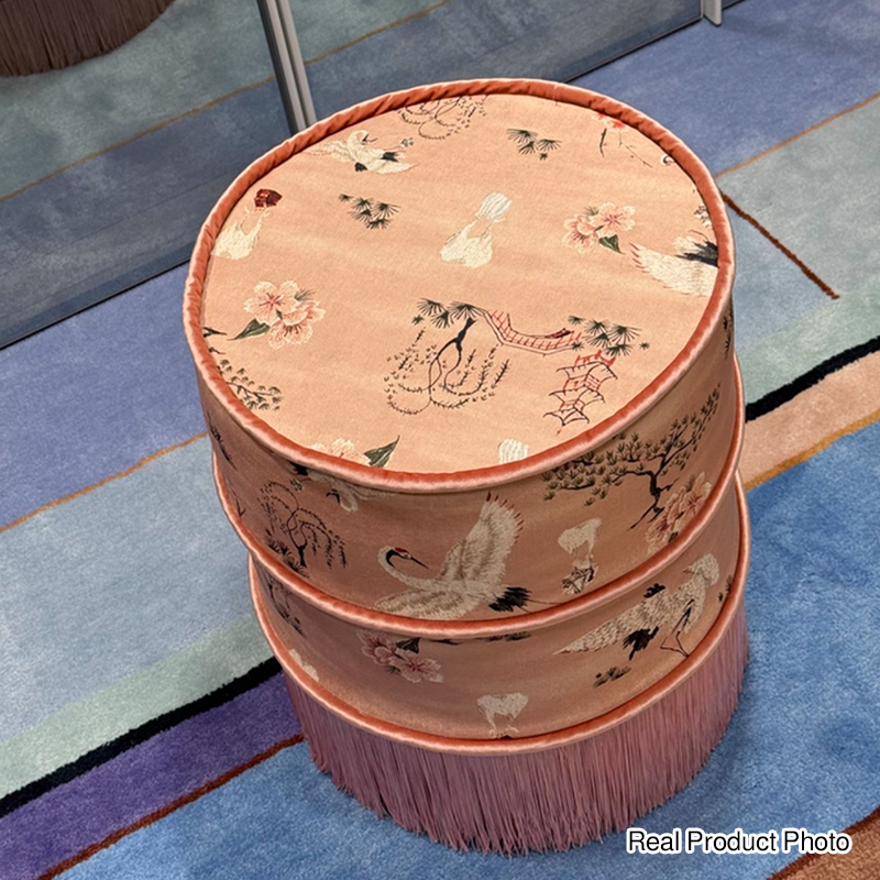 Traditional Chinese Cylindrical Printed Velvet PU Leather Vanity Stool - Solid Wood, Backless & Armless, for Bedroom