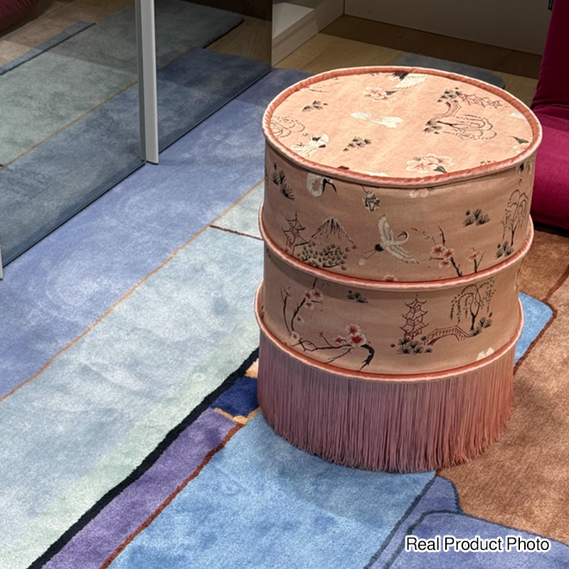 Traditional Chinese Cylindrical Printed Velvet PU Leather Vanity Stool - Solid Wood, Backless & Armless, for Bedroom