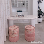 Traditional Chinese Cylindrical Printed Velvet PU Leather Vanity Stool - Solid Wood, Backless & Armless, for Bedroom