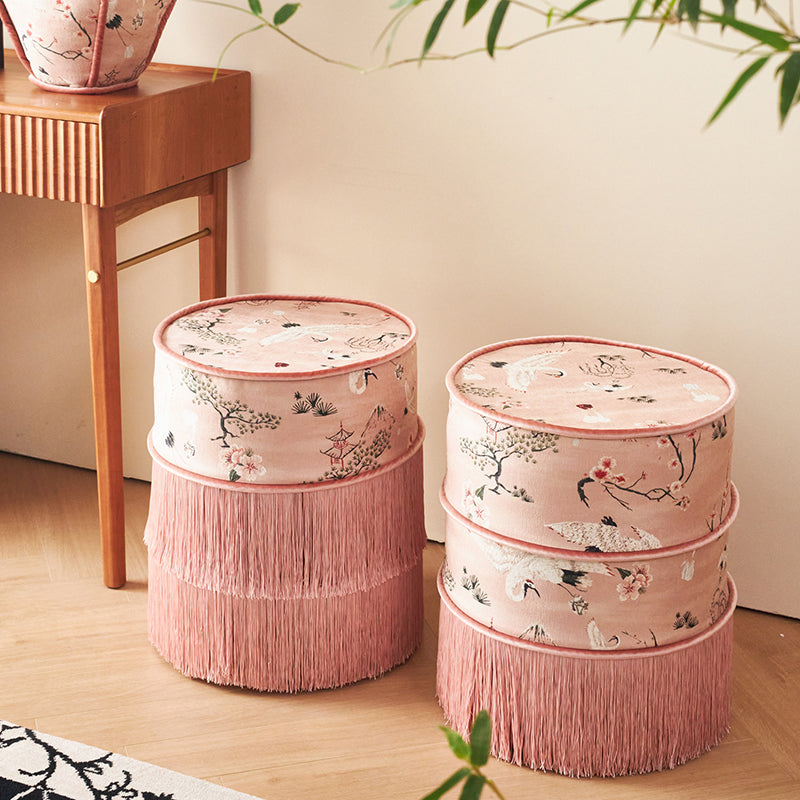 Traditional Chinese Cylindrical Printed Velvet PU Leather Vanity Stool - Solid Wood, Backless & Armless, for Bedroom