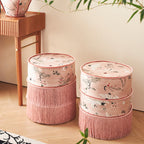 Traditional Chinese Cylindrical Printed Velvet PU Leather Vanity Stool - Solid Wood, Backless & Armless, for Bedroom