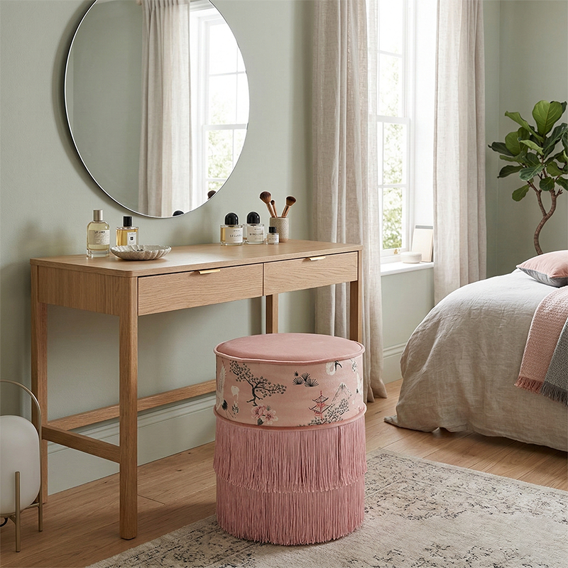 Traditional Chinese Cylindrical Printed Velvet PU Leather Vanity Stool - Solid Wood, Backless & Armless, for Bedroom