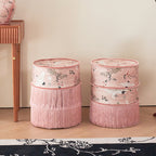 Traditional Chinese Cylindrical Printed Velvet PU Leather Vanity Stool - Solid Wood, Backless & Armless, for Bedroom