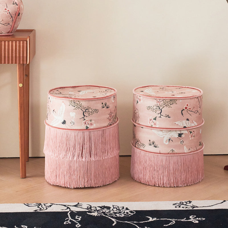 Traditional Chinese Cylindrical Printed Velvet PU Leather Vanity Stool - Solid Wood, Backless & Armless, for Bedroom