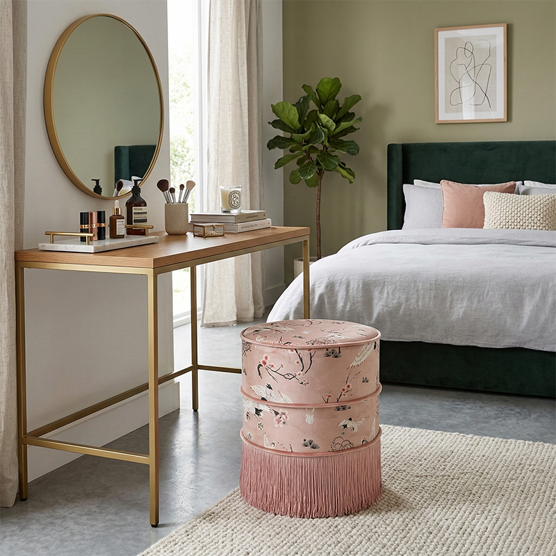 Traditional Chinese Cylindrical Printed Velvet PU Leather Vanity Stool - Solid Wood, Backless & Armless, for Bedroom