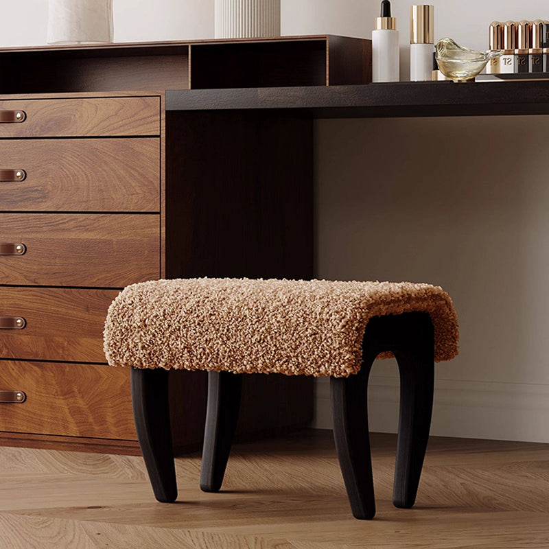 Traditional French-Style Solid Wood Vanity Stool with Plush Sherpa Fabric, Rectangular, Backless & Armless, Perfect for the Bedroom
