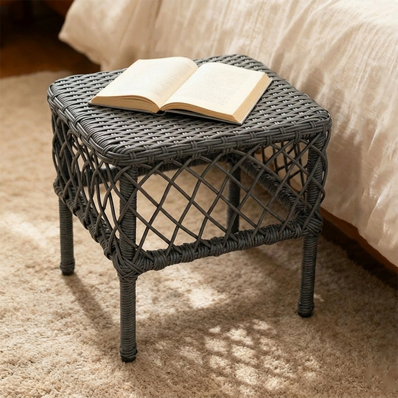 Traditional Rustic PE Rattan Weave Low Rectangular Stool with Galvanized Steel Grid, Breathable Backless Armless Living Room Seat
