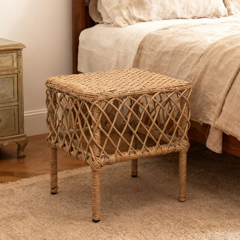 Traditional Rustic PE Rattan Weave Low Rectangular Stool with Galvanized Steel Grid, Breathable Backless Armless Living Room Seat