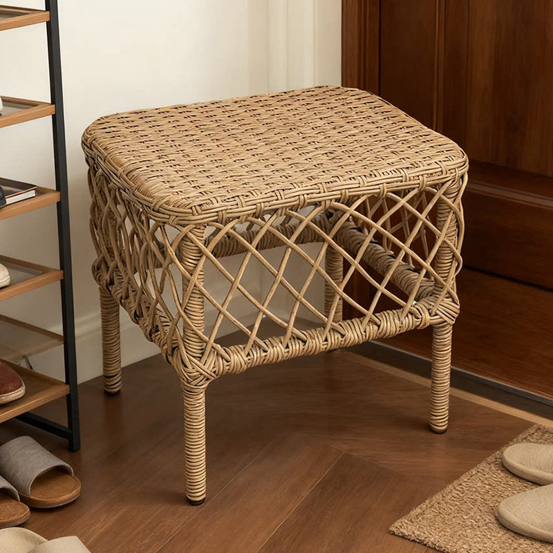 Traditional Rustic PE Rattan Weave Low Rectangular Stool with Galvanized Steel Grid, Breathable Backless Armless Living Room Seat