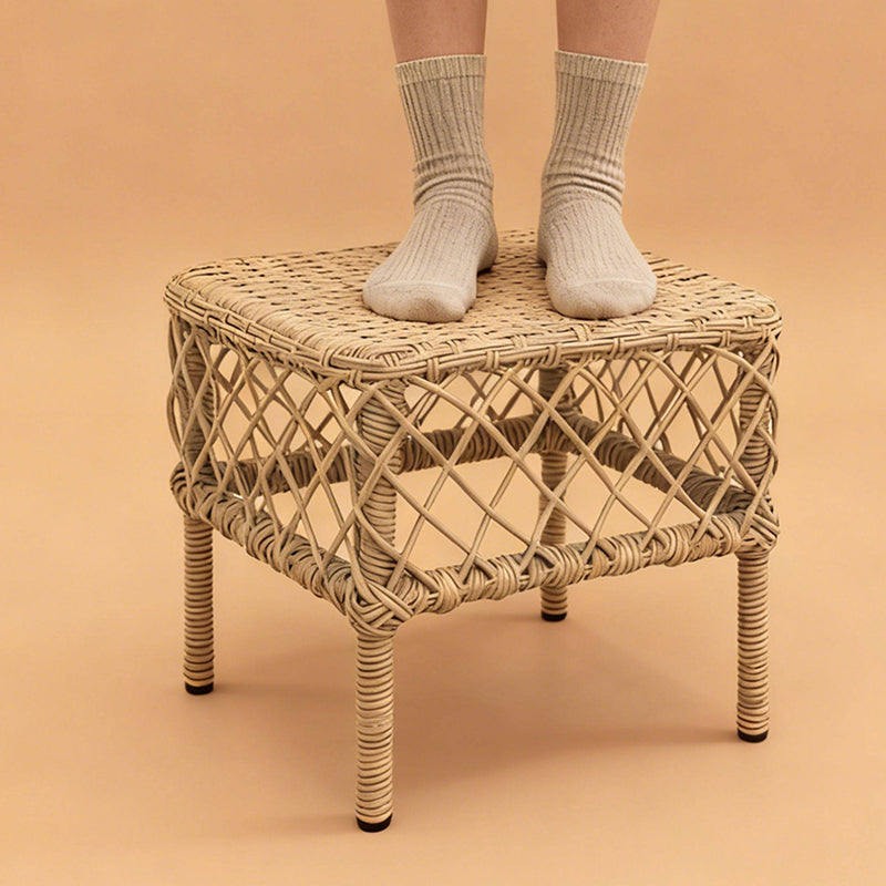 Traditional Rustic PE Rattan Weave Low Rectangular Stool with Galvanized Steel Grid, Breathable Backless Armless Living Room Seat