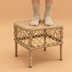 Traditional Rustic PE Rattan Weave Low Rectangular Stool with Galvanized Steel Grid, Breathable Backless Armless Living Room Seat