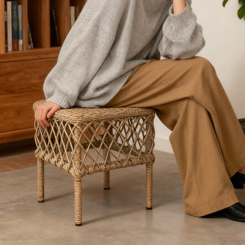 Traditional Rustic PE Rattan Weave Low Rectangular Stool with Galvanized Steel Grid, Breathable Backless Armless Living Room Seat