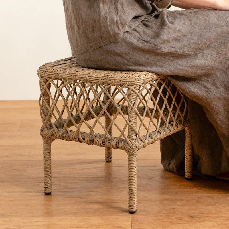 Traditional Rustic PE Rattan Weave Low Rectangular Stool with Galvanized Steel Grid, Breathable Backless Armless Living Room Seat