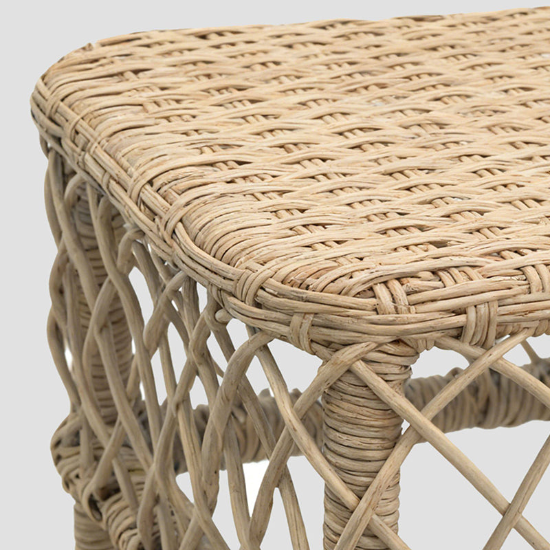 Traditional Rustic PE Rattan Weave Low Rectangular Stool with Galvanized Steel Grid, Breathable Backless Armless Living Room Seat