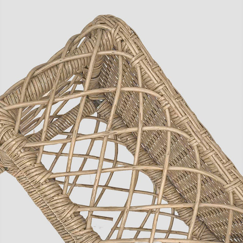 Traditional Rustic PE Rattan Weave Low Rectangular Stool with Galvanized Steel Grid, Breathable Backless Armless Living Room Seat