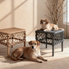 Traditional Rustic PE Rattan Weave Low Rectangular Stool with Galvanized Steel Grid, Breathable Backless Armless Living Room Seat