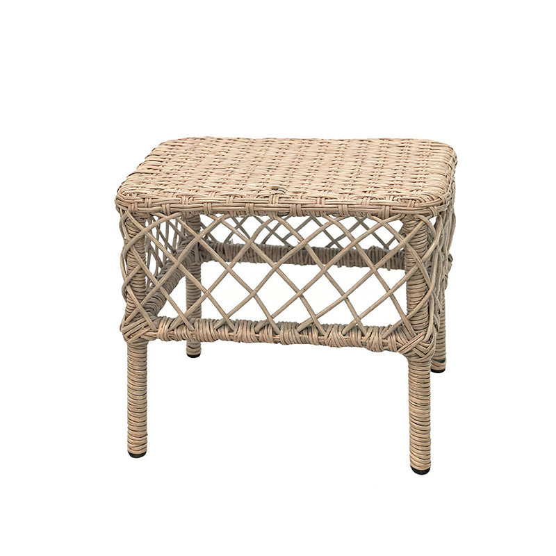Traditional Rustic PE Rattan Weave Low Rectangular Stool with Galvanized Steel Grid, Breathable Backless Armless Living Room Seat