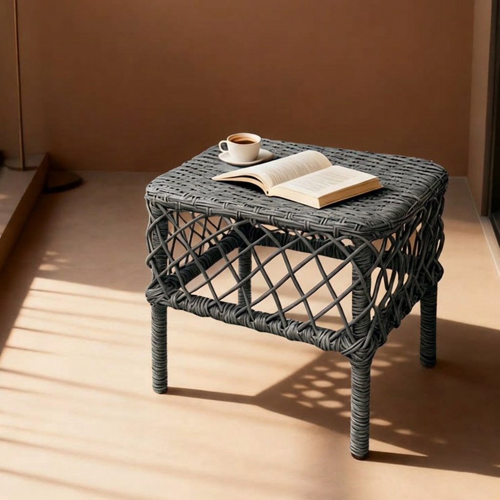 Traditional Rustic PE Rattan Weave Low Rectangular Stool with Galvanized Steel Grid, Breathable Backless Armless Living Room Seat