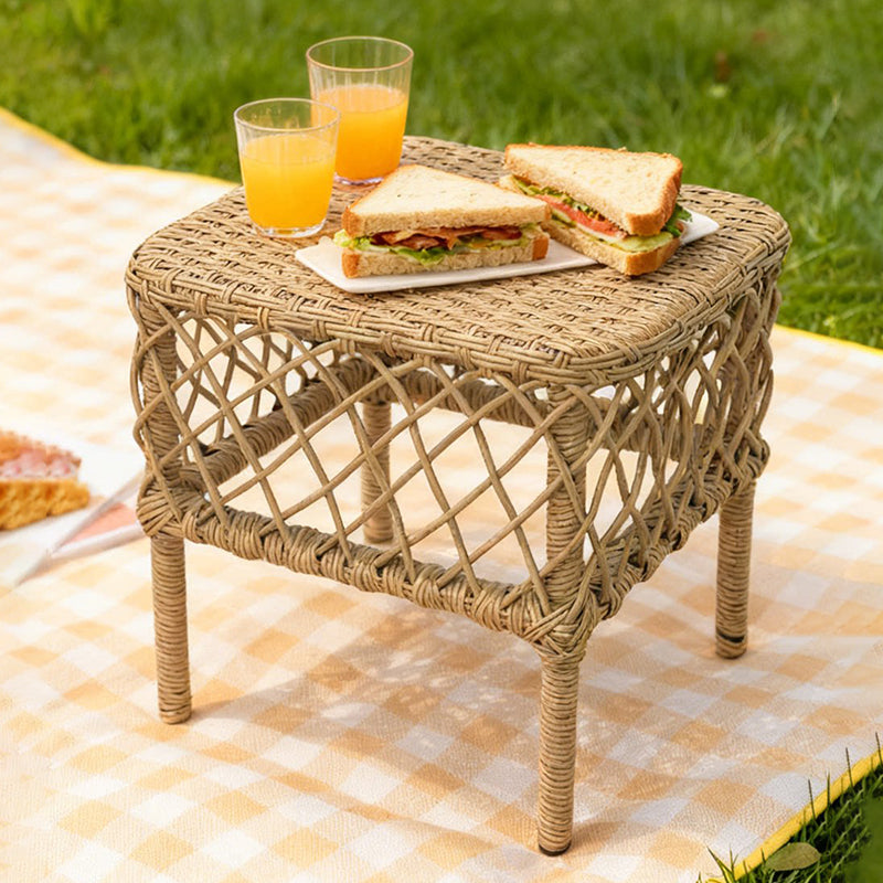 Traditional Rustic PE Rattan Weave Low Rectangular Stool with Galvanized Steel Grid, Breathable Backless Armless Living Room Seat
