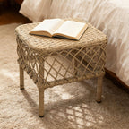 Traditional Rustic PE Rattan Weave Low Rectangular Stool with Galvanized Steel Grid, Breathable Backless Armless Living Room Seat