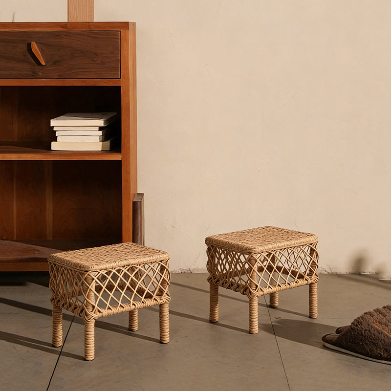 Traditional Rustic PE Rattan Weave Low Rectangular Stool with Galvanized Steel Grid, Breathable Backless Armless Living Room Seat