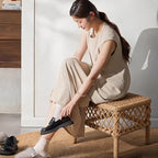 Traditional Rustic PE Rattan Weave Low Rectangular Stool with Galvanized Steel Grid, Breathable Backless Armless Living Room Seat