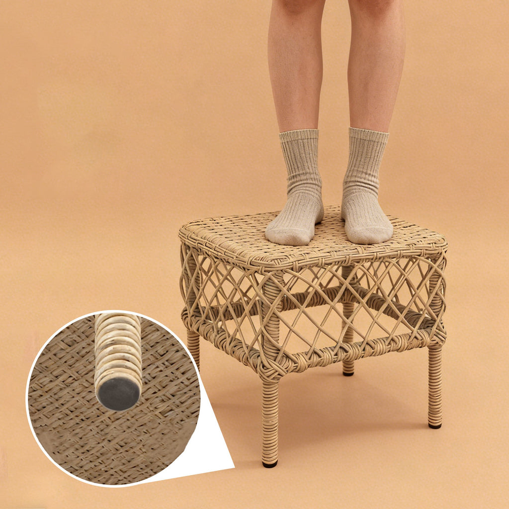 Traditional Rustic PE Rattan Weave Low Rectangular Stool with Galvanized Steel Grid, Breathable Backless Armless Living Room Seat