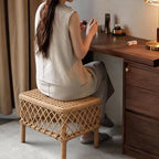 Traditional Rustic PE Rattan Weave Low Rectangular Stool with Galvanized Steel Grid, Breathable Backless Armless Living Room Seat