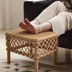 Traditional Rustic PE Rattan Weave Low Rectangular Stool with Galvanized Steel Grid, Breathable Backless Armless Living Room Seat