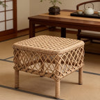 Traditional Rustic PE Rattan Weave Low Rectangular Stool with Galvanized Steel Grid, Breathable Backless Armless Living Room Seat