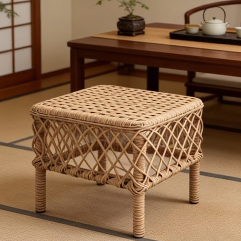 Traditional Rustic PE Rattan Weave Low Rectangular Stool with Galvanized Steel Grid, Breathable Backless Armless Living Room Seat