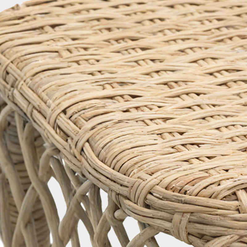 Traditional Rustic PE Rattan Weave Low Rectangular Stool with Galvanized Steel Grid, Breathable Backless Armless Living Room Seat