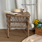 Traditional Rustic PE Rattan Weave Low Rectangular Stool with Galvanized Steel Grid, Breathable Backless Armless Living Room Seat