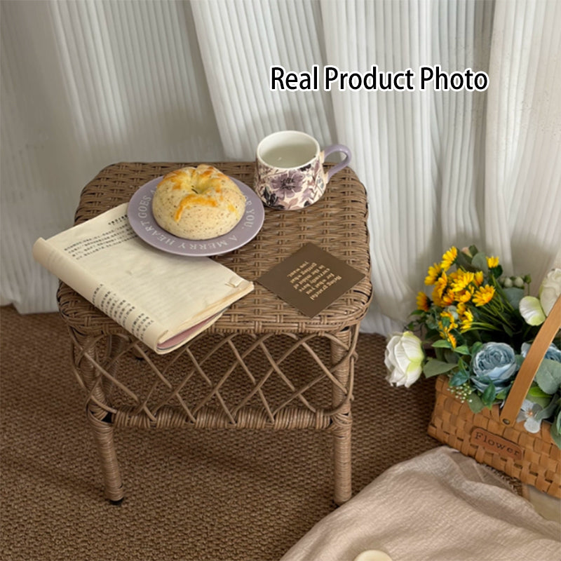 Traditional Rustic PE Rattan Weave Low Rectangular Stool with Galvanized Steel Grid, Breathable Backless Armless Living Room Seat