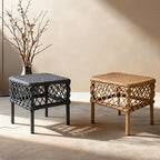 Traditional Rustic PE Rattan Weave Low Rectangular Stool with Galvanized Steel Grid, Breathable Backless Armless Living Room Seat