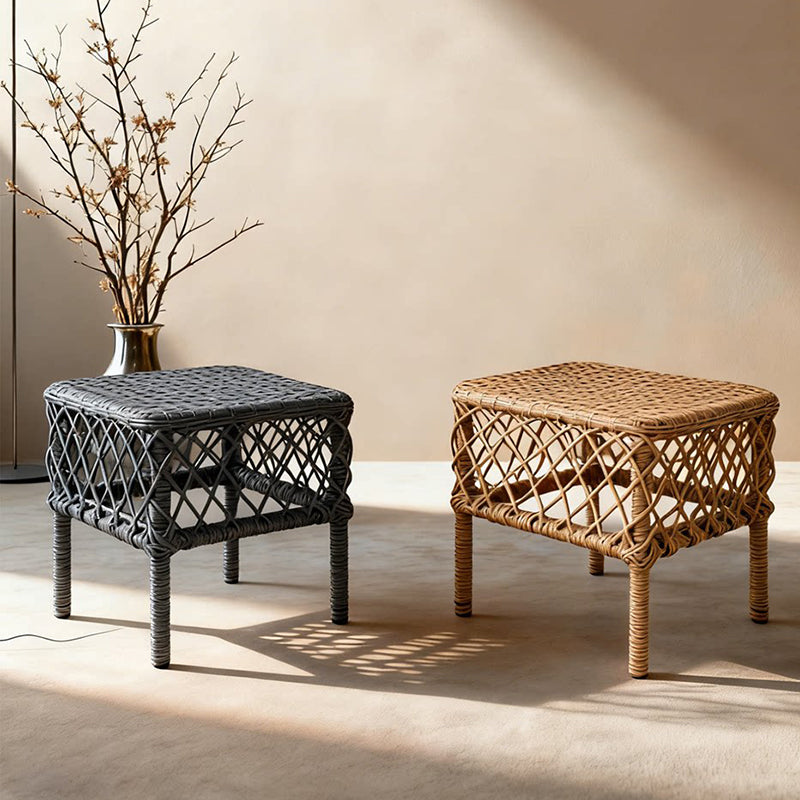 Traditional Rustic PE Rattan Weave Low Rectangular Stool with Galvanized Steel Grid, Breathable Backless Armless Living Room Seat